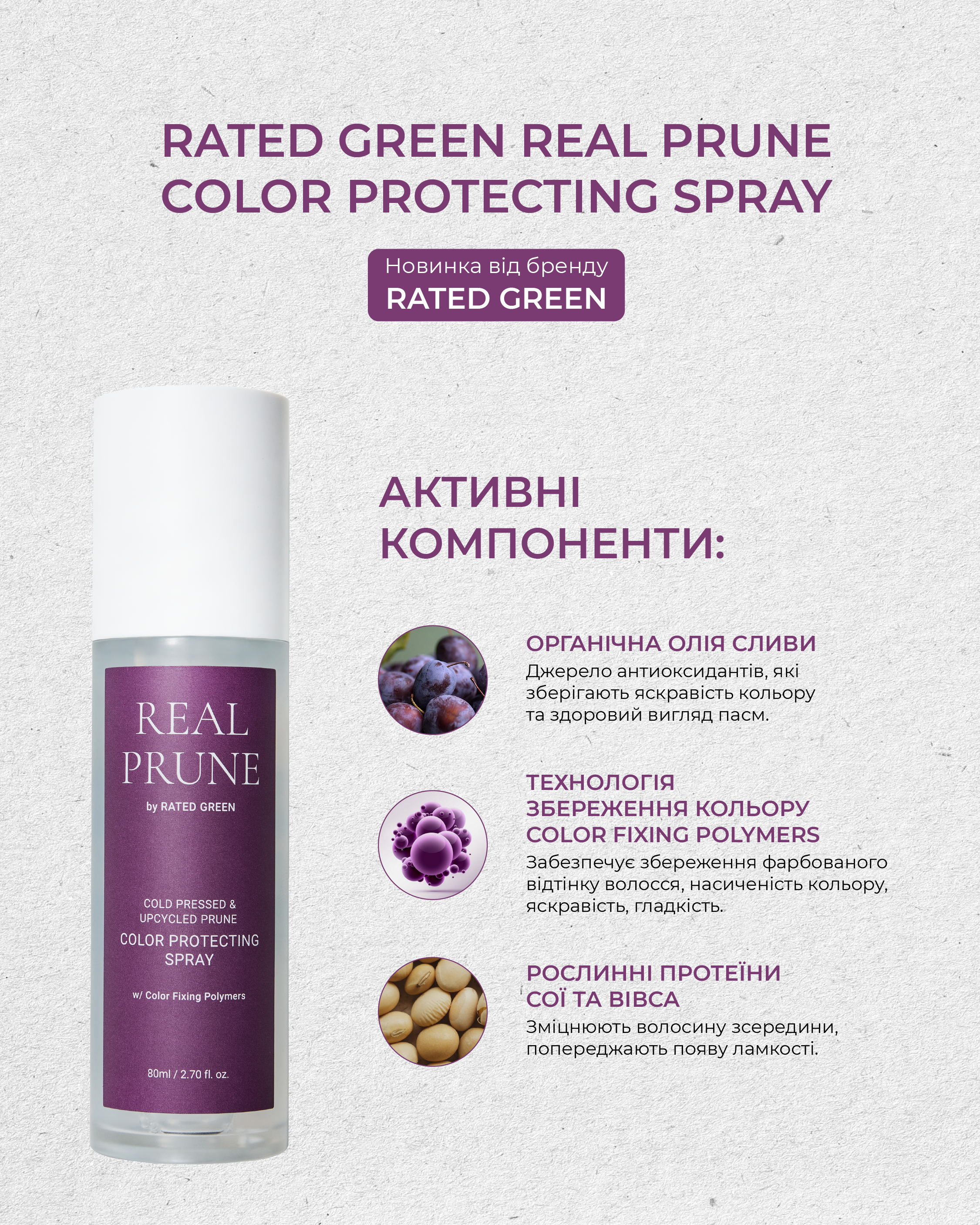 Спрей для фарбованого волосся з екстрактом сливи Rated Green Real Prune Color Protecting Spray